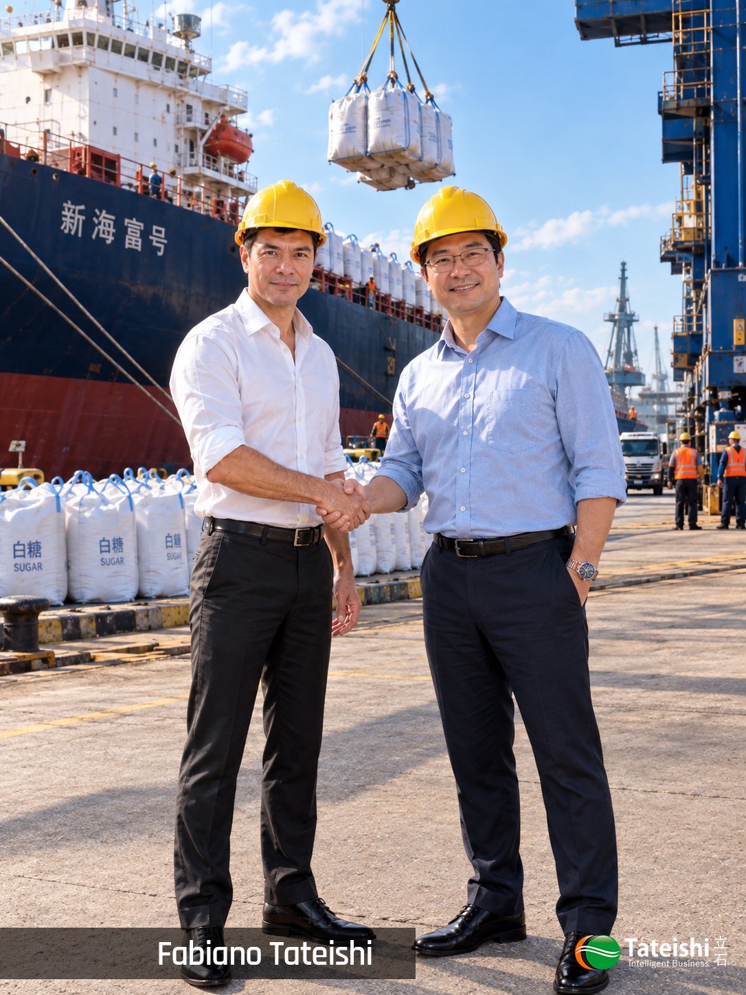 Fabiano Tateishi e executivo taiwanês no porto de Santos acompanhando carregamento de açúcar em 2006